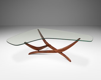 Title: Mid-Century Modern Sculptural Coffee Table in Walnut w/ Kidney-Shaped Glass Top by Forest Wilson, USA, c. 1960's