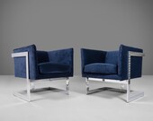 Set of Two (2) Club Chairs in Navy Blue Velvet w a Chrome Frame by Milo Baughman