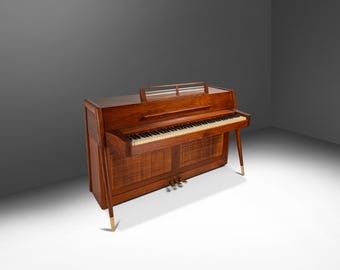 Rare Early Mid Century Modern Baldwin Acrosonic Piano in Walnut, Brass & Caning #759945, USA, c. 1960s