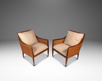 Set of Two (2) Rare Mid-Century Modern Caned Lounge Chairs in Walnut by Kipp Stewart for Directional, USA, c. 1950s