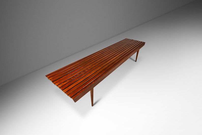 Mid-Century Modern Minimalist Slatted 6 ft Long Bench in Solid European Walnut, Yugoslavia, c. 1950's image 1