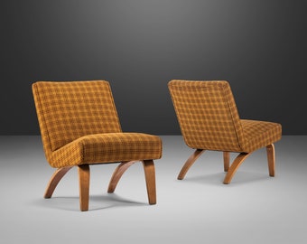Set of Two (2) Bentwood Slipper Chairs in Original Yellow Plaid Wool Fabric by Thonet, USA, c. 1940s