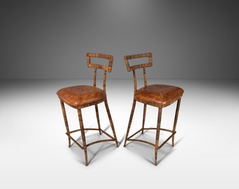 Set of Two (2) Mid Century Modern Substantial Campaign Bar Height Bar Stools by Maitland-Smith, c. 1980's