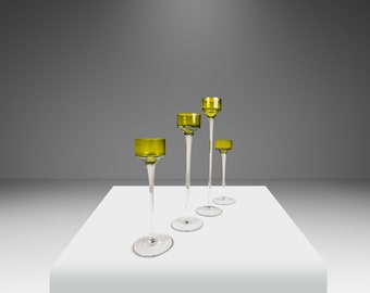 Title: Set of Four (4) Italian Modern Elongated Blown Glass Two-Tone Candlestick Holders (Varying Sized), Italy, c. 1970's