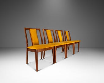 Set of Four (4) Mid-Century Modern Dining Chairs in Walnut & Yellow Felt in the Manner of Edward Wormley, USA, c. 1960s