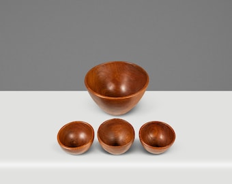 Set of Four ( 4 ) Mid-Century Organic Modern Wood-Turned Salad / Serving Bowls in Solid Burmese Teak, c. 1970's