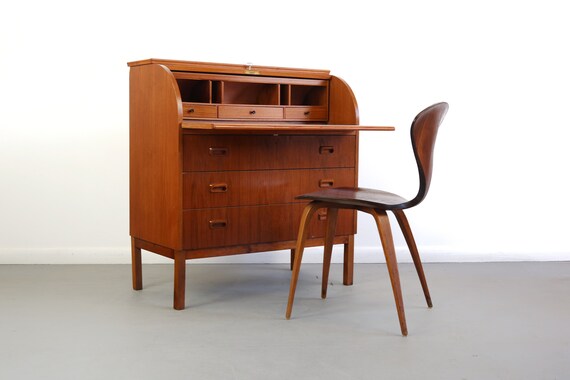 Mid Century Danish Modern Roll Top Secretary Teak Desk Etsy