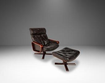 Scandinavian Modern Lounge Chair and Ottoman Set in Beech & Leather by Soda Galvano for Vatne Mobler, Norway, c. 1970s