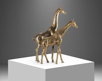 Artisan Hand Hammered Mid Century Giraffe Figures in Solid Brass - A Set of 2, Korea