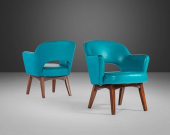 Rare Set of Two (2) Lounge Chairs by Patrician Furniture in Original Teal Vinyl w/ Walnut Legs, c. 1960s