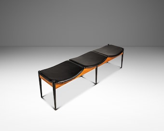 Mid-Century Modern Three Seat Gallery Bench in Oak & Leather by Arthur Umanoff for Washington Woodcraft, USA, c. 1960s