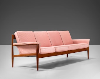8 Ft. Long Four Seat Sofa by Grete Jalk for France and Sons in Teak w/ Original Pink Geometric, c. 1960s