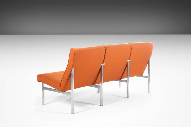 Three Seat Sofa / Bench in Original Orange Upholstery on a Chrome Base After Florence Knoll, c. 1960s image 3