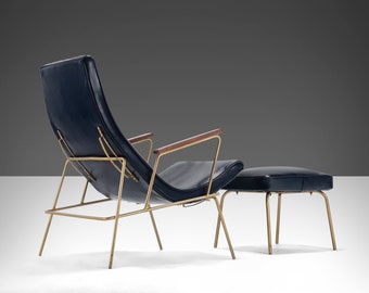 Mid Century Modern Leather Lounge Chair & Ottoman in Blue with Gold Powder Coated Iron Base After Milo Baughman, USA, c. 1960s