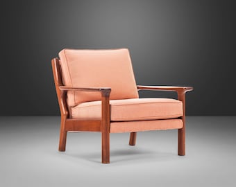 Mid Century Modern Lounge Chair in Solid Teak and Original Peach Fabric in the Manner of Poul Volther, c. 1970's