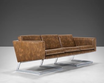 Long 3 Seater Sofa by Milo Baughman in Vegan Leather Set on a Chrome Cantilever Base, c. 1970s