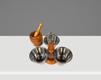 Mid-Century Scandinavian Condiment Carousel in Oak and Stainless Steel by STAKO w/ Complementary Mortar & Pestel, Sweden, c. 1960s