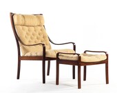 Mid Century Modern Bentwood Lounge Chair w Ottoman in Rosewood and Original Fabric made in Denmark