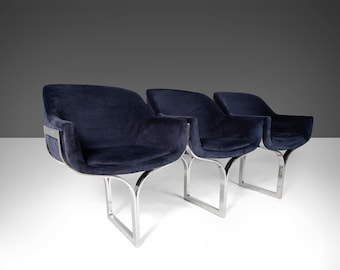 Three (3) Seat Bench / Sofa in Navy Blue Velvet Set on a Chrome Base Attributed to Milo Baughman, c. 1970s