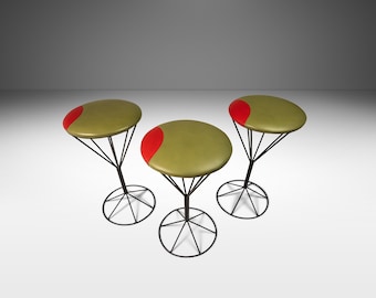 Set of Three (3) Mid Century Modern Martini Barstools in Wrought Iron in the Manner of Tony Paul, USA, c. 1960's