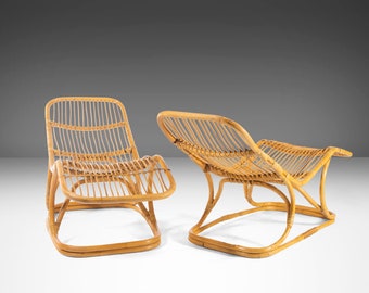 Rare Set of Two (2) Rattan Lounge Chairs / Chaise Lounges Attributed to Tito Agnoli for Pierantonio Bonacina, Italy, c. 1963