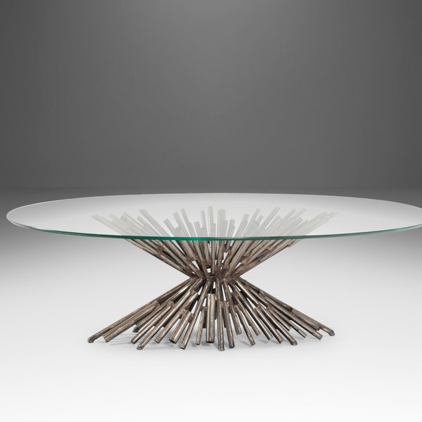 Brutalist Tubular Steel Coffee Table with a Glass Top By Silas Seandel, c. 1970