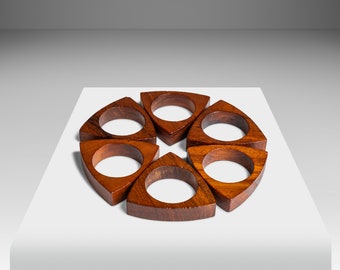 Set of Six (6) Danish Mid-Century Modern Napkin Rings / Holders in Solid Teak, Denmark, c. 1960's