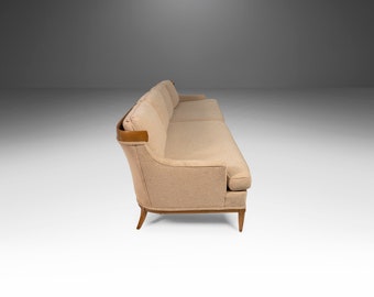 Long Four (4) Seat Full Length Sofa in Original Cream Fabric w/ Sculptural Oak Detailing by Erwin Lambeth, c. 1960's