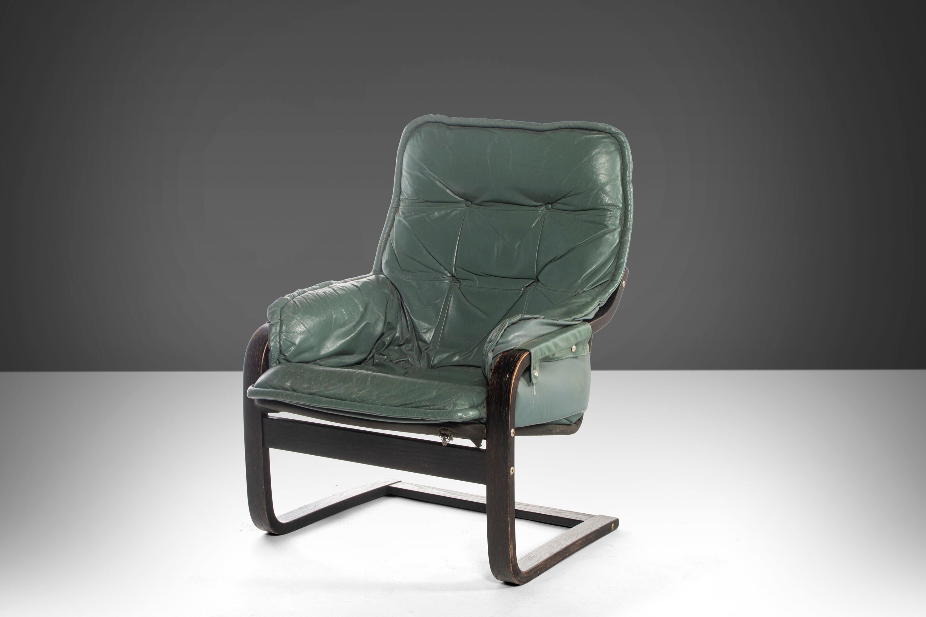 Scandinavian Bentwood Lounge Chair in Sage Green Leather After