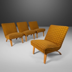 Set of Four (4) Slipper Chairs in Original Yellow Plaid Wool Fabric by Thonet, c. 1940s