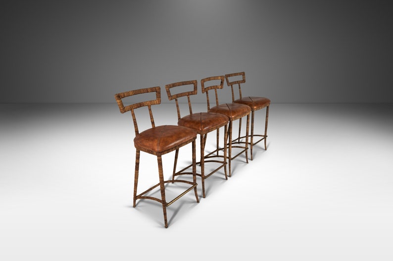 Set of Four 4 Mid Century Modern Substantial Campaign Bar Height Bar Stools Attributed to Maitland-Smith, c. 1980's image 1
