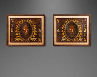 Set of Two (2) Mid Century Modern Framed Embossed Leather Pre-Columbian Folk Art by Angel Pazmino, Ecuador, c. 1960's