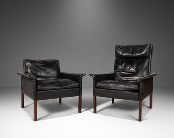 Set of Two (2) His and Her Model 500 Lounge Chairs in Rosewood and Distressed Vintage Leather by Hans Olsen for CS Møbler, Denmark, c. 1960s
