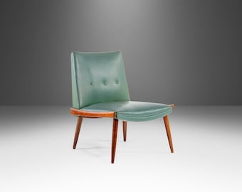 Mid Century Modern Slipper Chair in Walnut & Original Green Fabric by Kroehler, USA, c. 1960's