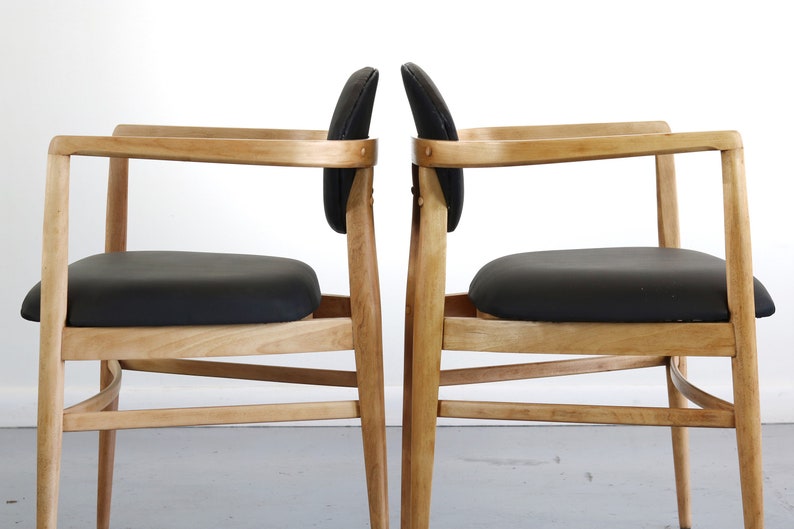 Set of Two Mid Century Modern Accent Chairs in Blonde Oak and Black Upholstery