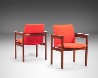 Set of Two (2) Jens Risom Accent Chairs in Original Red Upholstery on a Refinished Walnut Frame, USA, c. 1960s