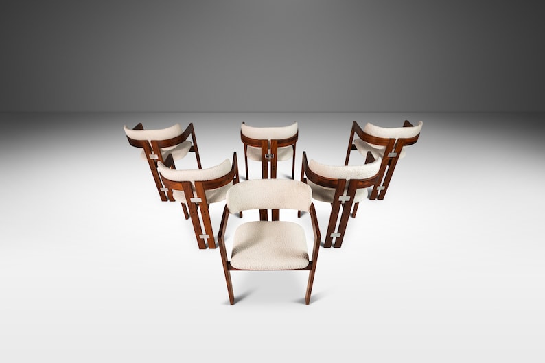 Set of Six 6 Pamplona Arm Dining Chairs in Rosewood & White Bouclé After Augusto Savini, c. 1970's imagem 10