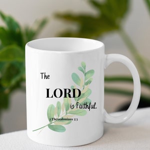 Mug with verse, The Lord is Faithful Mug, Custom Mugs, Botanical Mug, Mug with Leaf, Boho Leaf Mug, Custom Gift