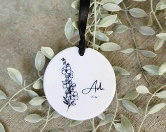 Personalized Birth Flower Ornament, Custom Name Ceramic Ornament