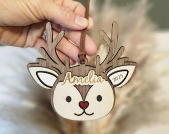 Personalized Reindeer Christmas Ornament | Laser cut wood | Custom Name Wooden Ornament