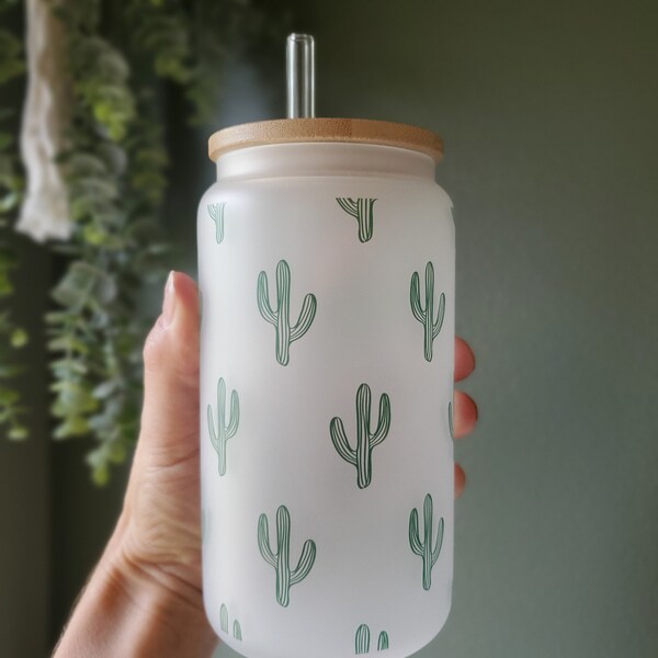 Cactus Glass Tumbler, Glass Tumbler with Cactus, Iced coffee cup, Bridesmaid Proposal, Glass Tumbler with straw and lid, Bridesmaid Gift
