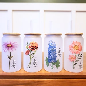 Personalized Birth Flower Iced Coffee Cup With Name Custom Gift for Her Bridesmaid Proposal Gift Glass Tumbler with straw and lid Custom Cup