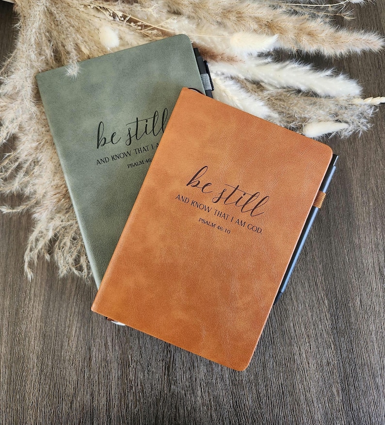 Engraved Leather Christian Journal: Be still and know, Personalized Scripture Notebook image 1