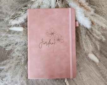 Custom Name Floral Notebook, Personalized Blush Pink Journal, Faux Leather Diary
