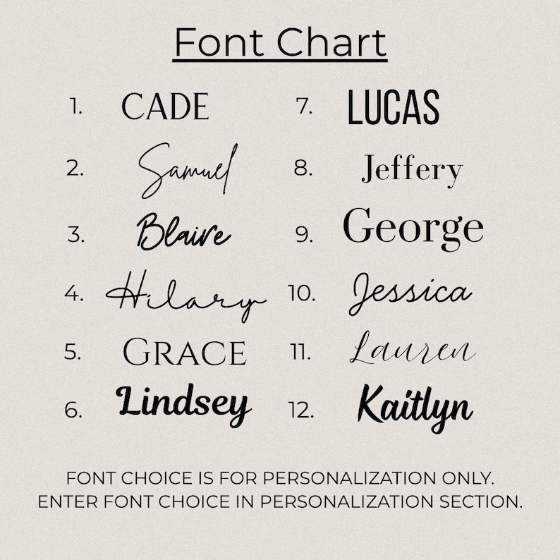 May include: A beige background displays a "Font Chart" with 12 font styles. Each font is demonstrated with a name, such as "CADE" and "Samuel". The text at the bottom reads "FONT CHOICE IS FOR PERSONALIZATION ONLY. ENTER FONT CHOICE IN PERSONALIZATION SECTION."
