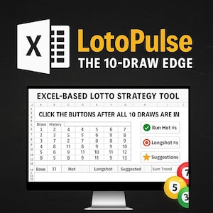 May include: A computer monitor displaying an Excel-based lotto strategy tool. The screen shows a spreadsheet with numbers and the text "LotoPulse THE 10-DRAW EDGE." Buttons for "Run Hot #s," "Longshot #s," and "Suggestions" are visible.