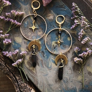 Moon and Star Crystal Earrings, Quartz Crystal, Celestial Jewelry Gold + Black