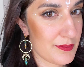 Moon and Star Crystal Earrings, Quartz Crystal, Celestial Jewelry