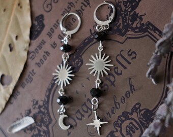 Black and Silver Mismatched Earrings, Moon and Star Jewelry, Stainless Steel