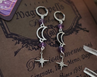Amethyst Moon Earrings, Crystal Earrings, Celestial Jewelry, Tigers Eye
